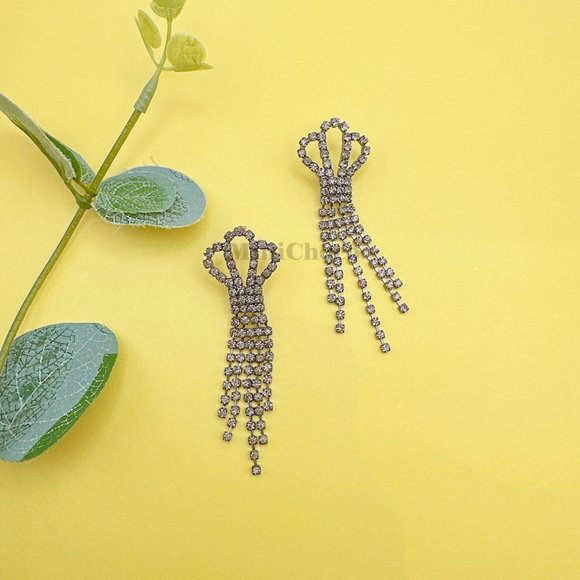 Black Rhinestone Crown Top Fringe Earrings - Picture 6 of 8